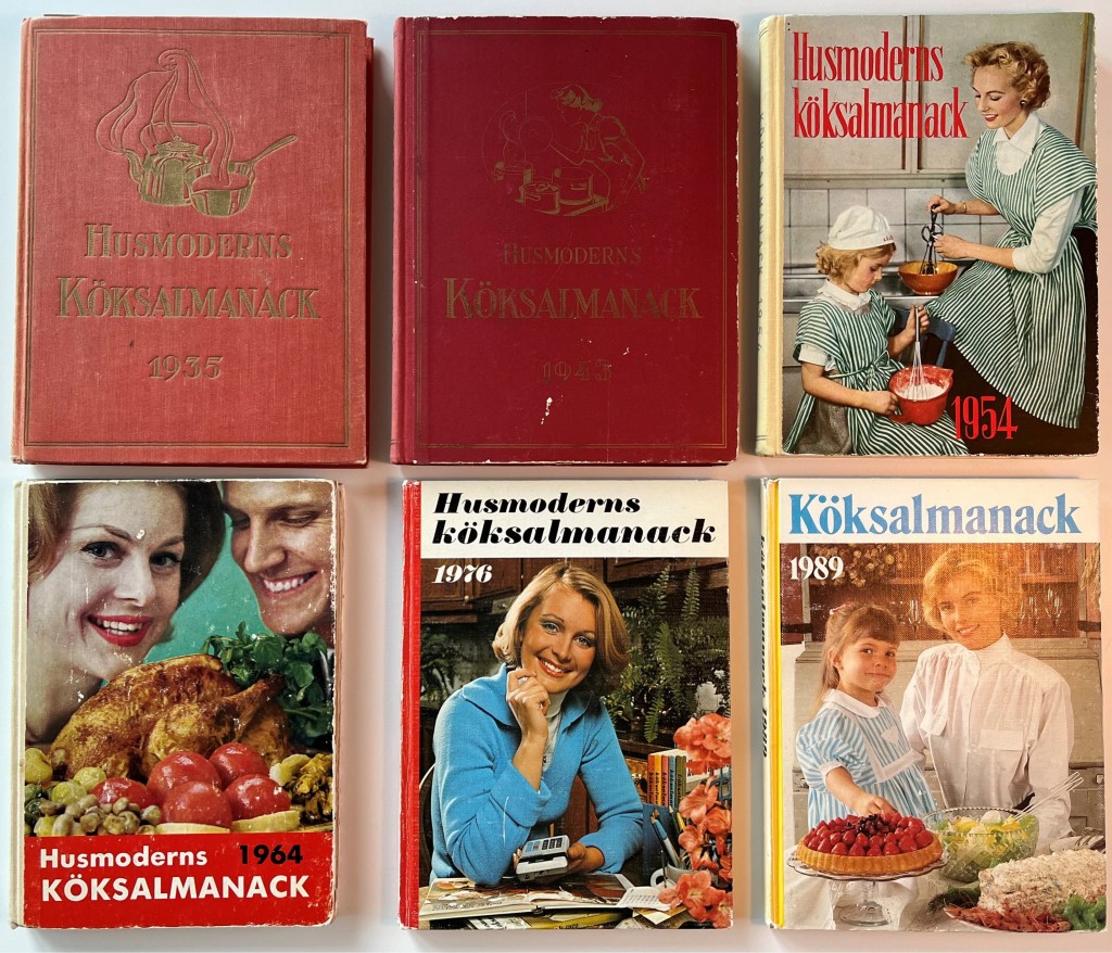En samling av sex köksalmanackor från årtiondena 1935, 1945, 1954, 1964, 1976 och 1989, med omslag som visar olika kvinnor som lagar mat och en illustration av köksredskap.