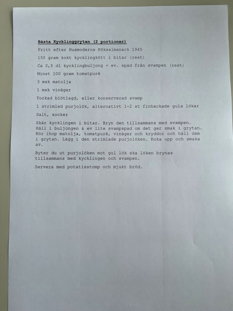 Recept på Bästa Kycklinggrytan, innehållande ingredienser och tillagningsinstruktioner.